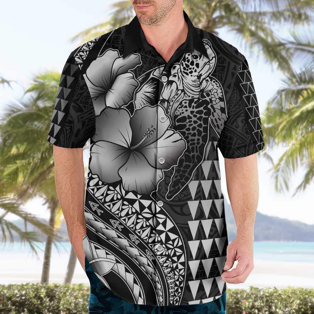 Hawaiian Sea Turtle Hawaiian Shirt Black Hibiscus Flowers and Kakau Pattern LT9 - Polynesian Pride