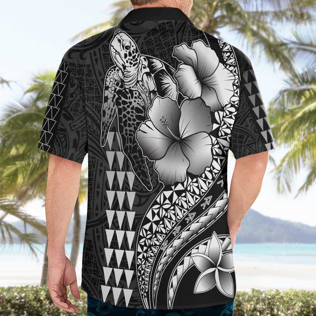 Hawaiian Sea Turtle Hawaiian Shirt Black Hibiscus Flowers and Kakau Pattern LT9 - Polynesian Pride