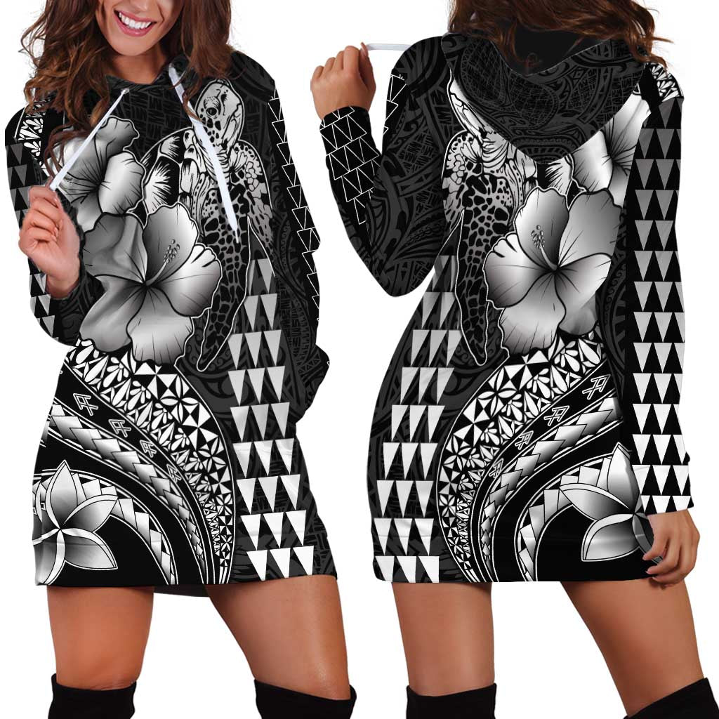 Hawaiian Sea Turtle Hoodie Dress Black Hibiscus Flowers and Kakau Pattern LT9 - Polynesian Pride
