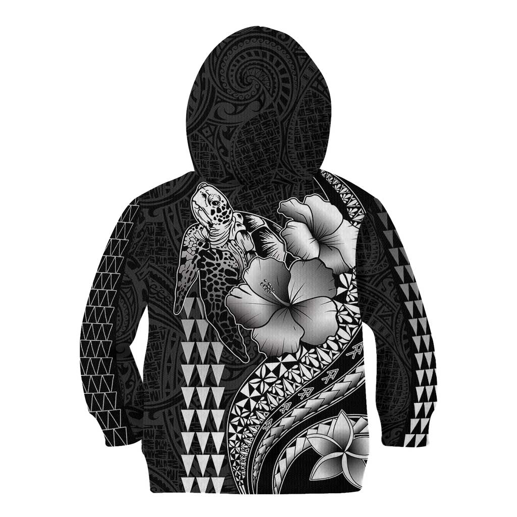 Hawaiian Sea Turtle Kid Hoodie Black Hibiscus Flowers and Kakau Pattern LT9 - Polynesian Pride