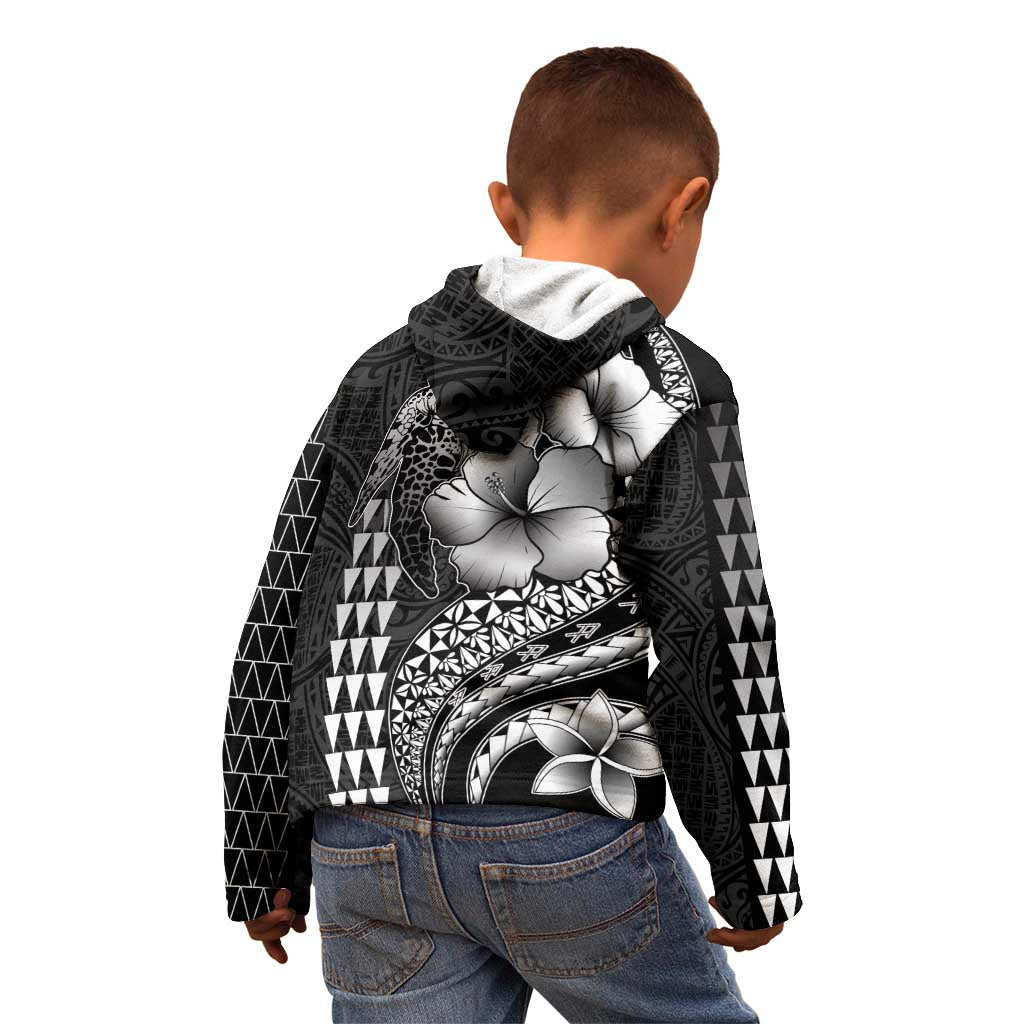 Hawaiian Sea Turtle Kid Hoodie Black Hibiscus Flowers and Kakau Pattern LT9 - Polynesian Pride