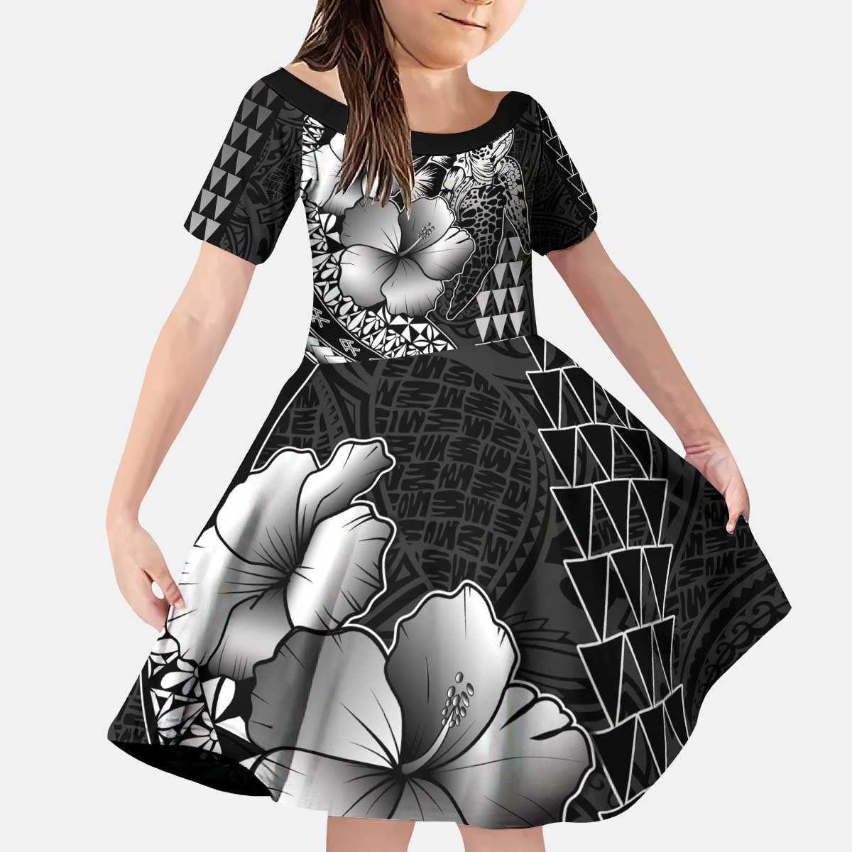 Hawaiian Sea Turtle Kid Short Sleeve Dress Black Hibiscus Flowers and Kakau Pattern LT9 KID Black - Polynesian Pride