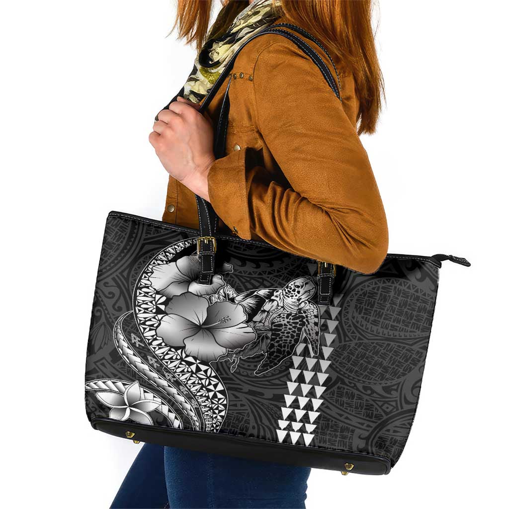 Hawaiian Sea Turtle Leather Tote Bag Black Hibiscus Flowers and Kakau Pattern LT9 Black - Polynesian Pride