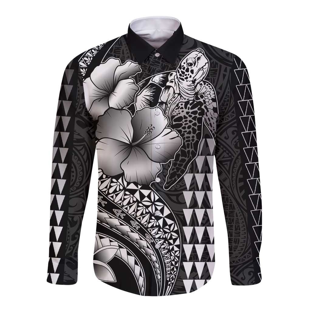 Hawaiian Sea Turtle Long Sleeve Button Shirt Black Hibiscus Flowers and Kakau Pattern LT9 Unisex Black - Polynesian Pride