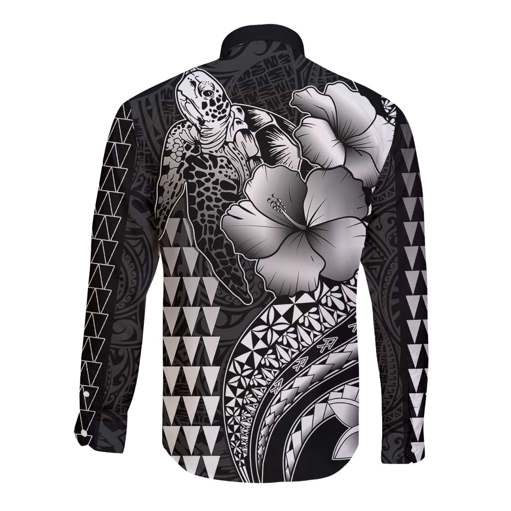 Hawaiian Sea Turtle Long Sleeve Button Shirt Black Hibiscus Flowers and Kakau Pattern LT9 - Polynesian Pride