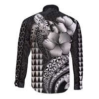 Hawaiian Sea Turtle Long Sleeve Button Shirt Black Hibiscus Flowers and Kakau Pattern LT9 - Polynesian Pride