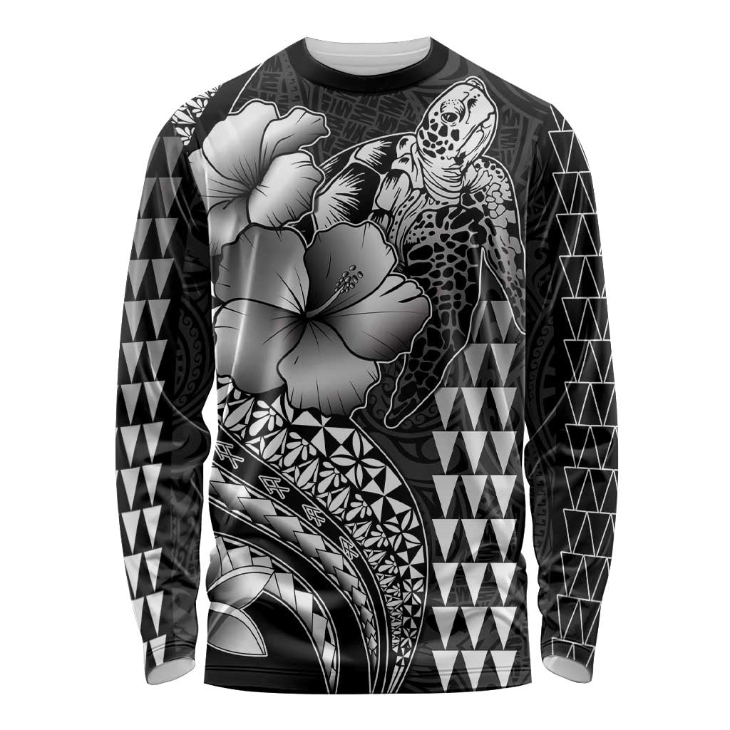 Hawaiian Sea Turtle Long Sleeve Shirt Black Hibiscus Flowers and Kakau Pattern LT9 Unisex Black - Polynesian Pride
