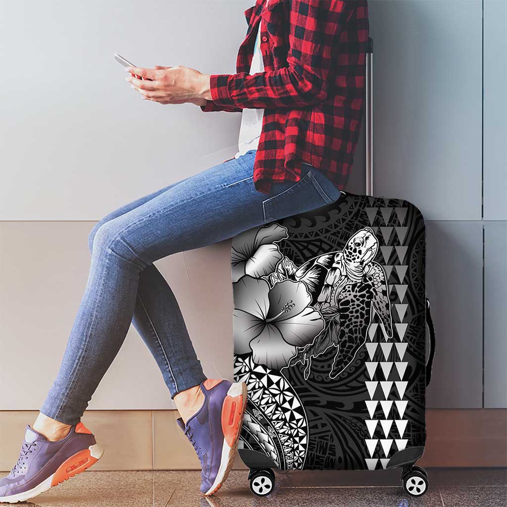 Hawaiian Sea Turtle Luggage Cover Black Hibiscus Flowers and Kakau Pattern LT9 - Polynesian Pride