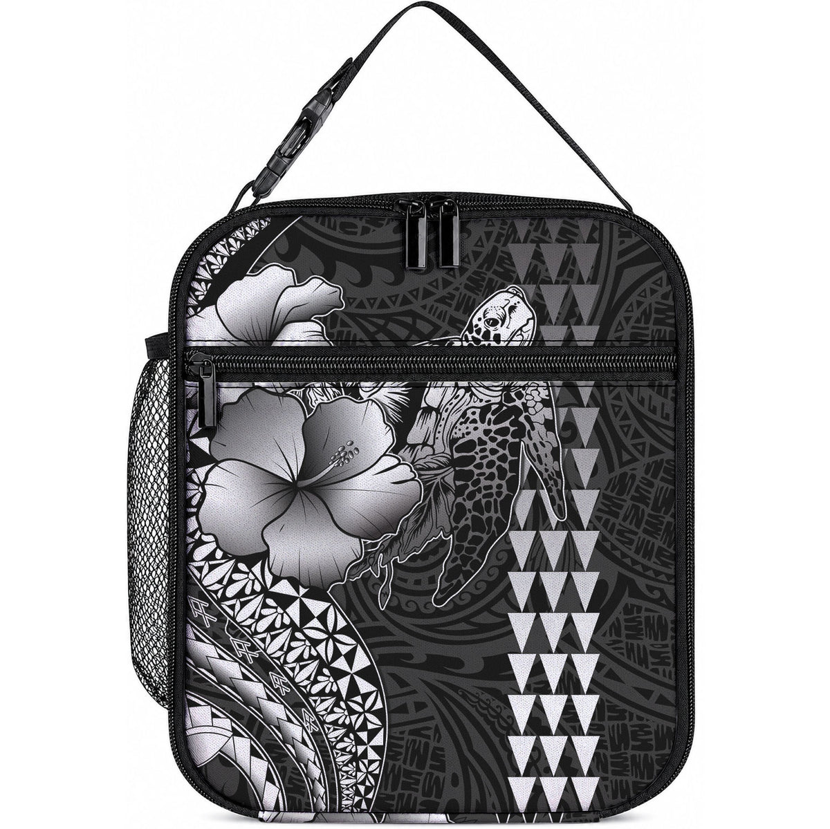 Hawaiian Sea Turtle Lunch Bag Black Hibiscus Flowers and Kakau Pattern LT9 10.2 × 8.3 × 4.3 inch Black - Polynesian Pride