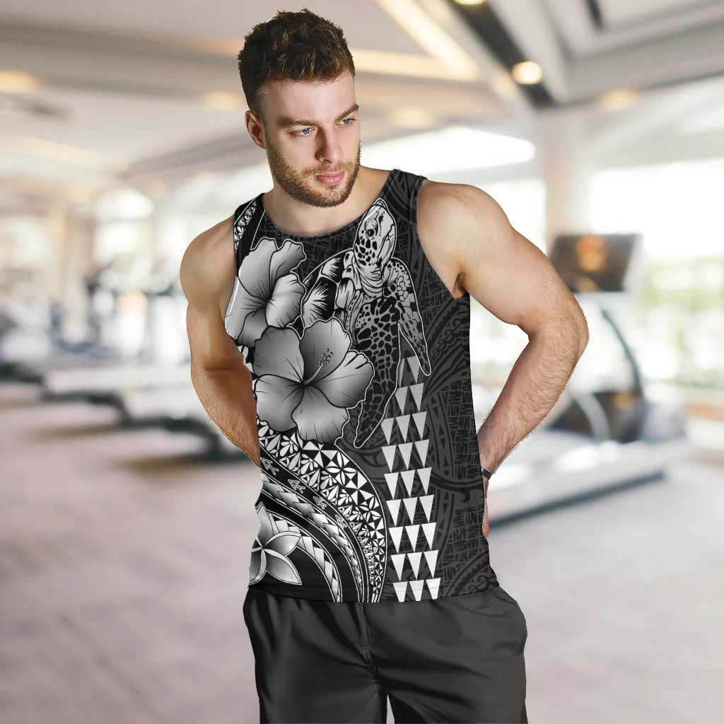 Hawaiian Sea Turtle Men Tank Top Black Hibiscus Flowers and Kakau Pattern LT9 Black - Polynesian Pride