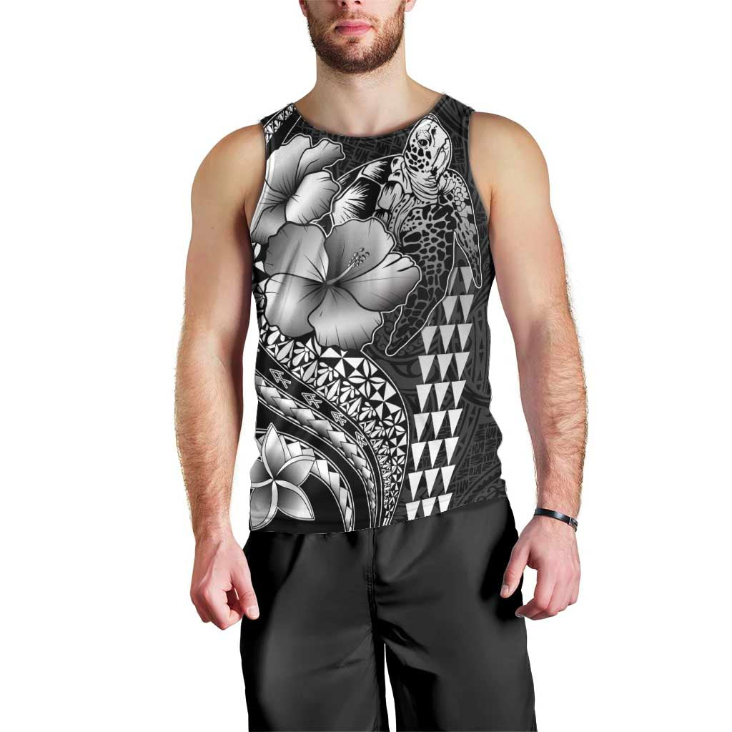 Hawaiian Sea Turtle Men Tank Top Black Hibiscus Flowers and Kakau Pattern LT9 - Polynesian Pride