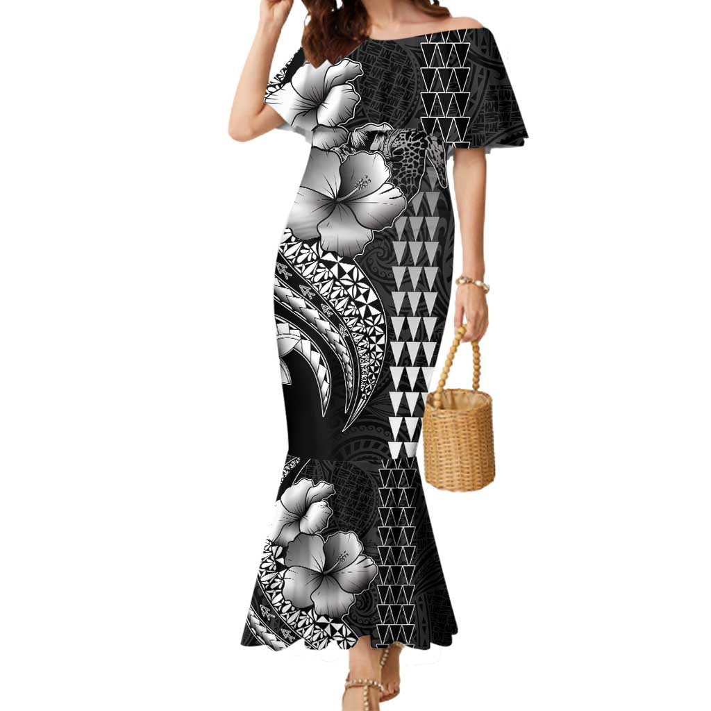 Hawaiian Sea Turtle Mermaid Dress Black Hibiscus Flowers and Kakau Pattern LT9 Women Black - Polynesian Pride