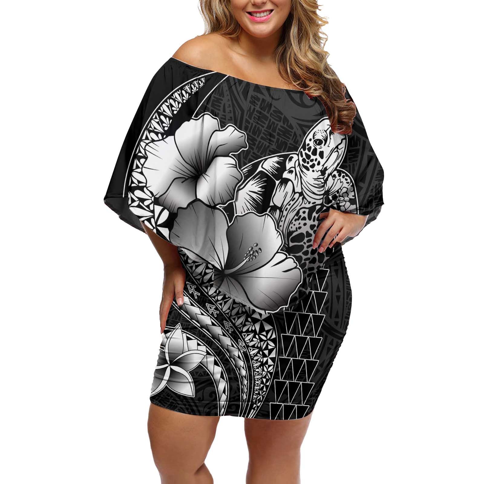 Hawaiian Sea Turtle Off Shoulder Short Dress Black Hibiscus Flowers and Kakau Pattern LT9 Women Black - Polynesian Pride