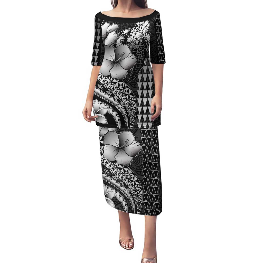 Hawaiian Sea Turtle Puletasi Black Hibiscus Flowers and Kakau Pattern LT9 Long Dress Black - Polynesian Pride