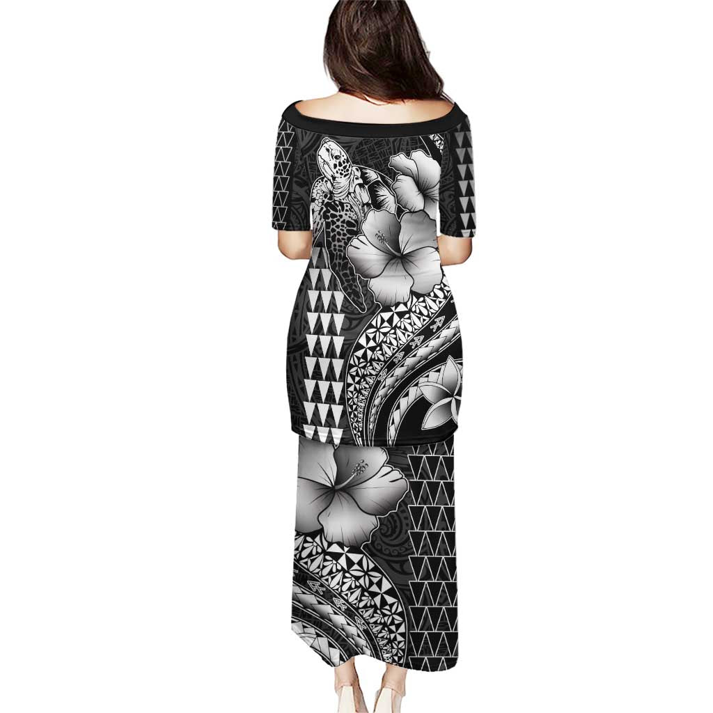 Hawaiian Sea Turtle Puletasi Black Hibiscus Flowers and Kakau Pattern LT9 - Polynesian Pride