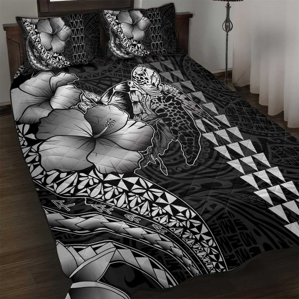 Hawaiian Sea Turtle Quilt Bed Set Black Hibiscus Flowers and Kakau Pattern LT9 Black - Polynesian Pride