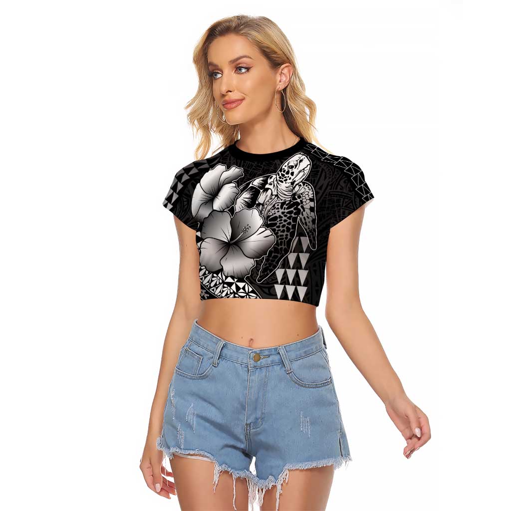 Hawaiian Sea Turtle Raglan Cropped T Shirt Black Hibiscus Flowers and Kakau Pattern LT9 Female Black - Polynesian Pride