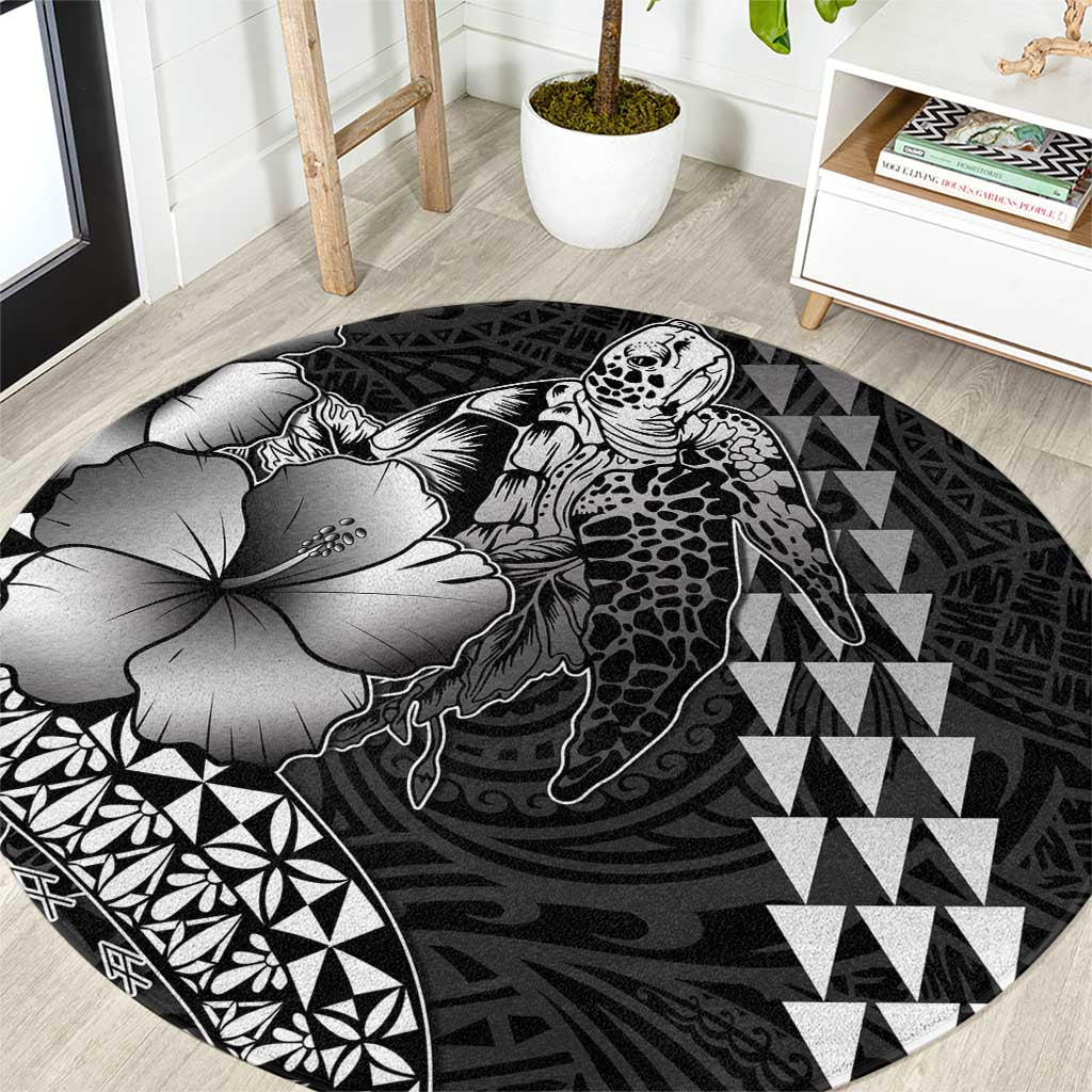 Hawaiian Sea Turtle Round Carpet Black Hibiscus Flowers and Kakau Pattern LT9 Black - Polynesian Pride