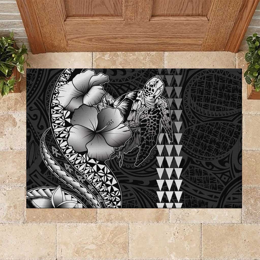 Hawaiian Sea Turtle Rubber Doormat Black Hibiscus Flowers and Kakau Pattern LT9 Black - Polynesian Pride