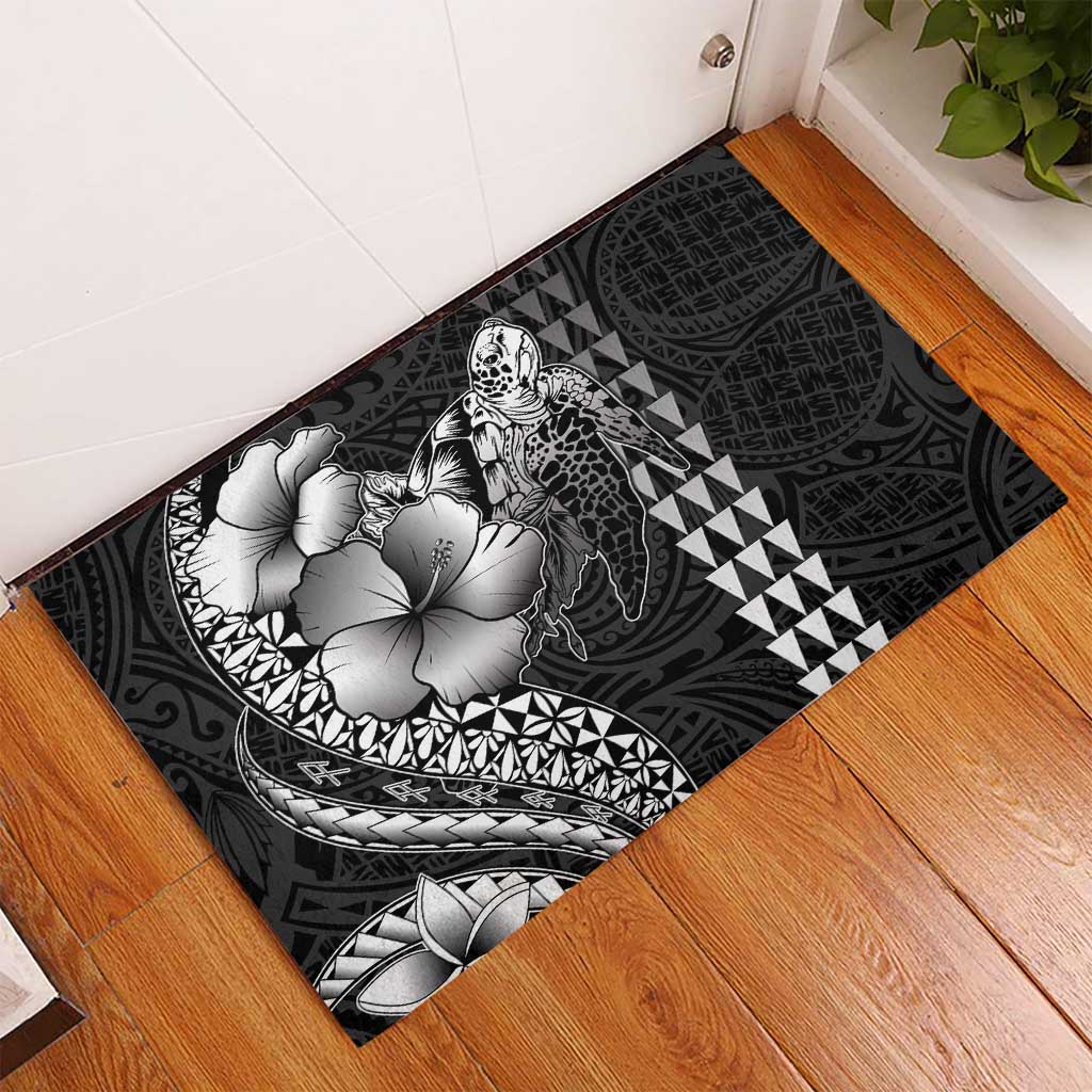 Hawaiian Sea Turtle Rubber Doormat Black Hibiscus Flowers and Kakau Pattern LT9 - Polynesian Pride