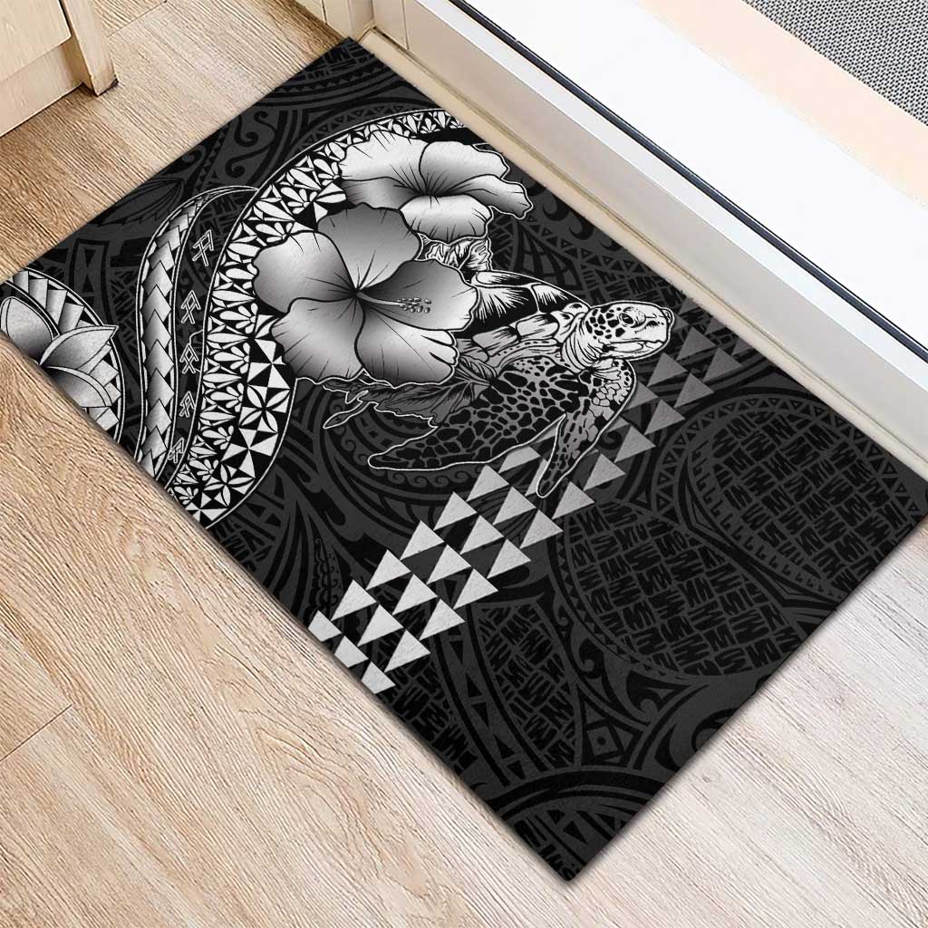 Hawaiian Sea Turtle Rubber Doormat Black Hibiscus Flowers and Kakau Pattern LT9 - Polynesian Pride