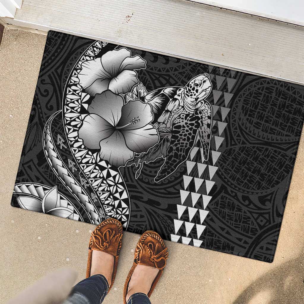 Hawaiian Sea Turtle Rubber Doormat Black Hibiscus Flowers and Kakau Pattern LT9 - Polynesian Pride