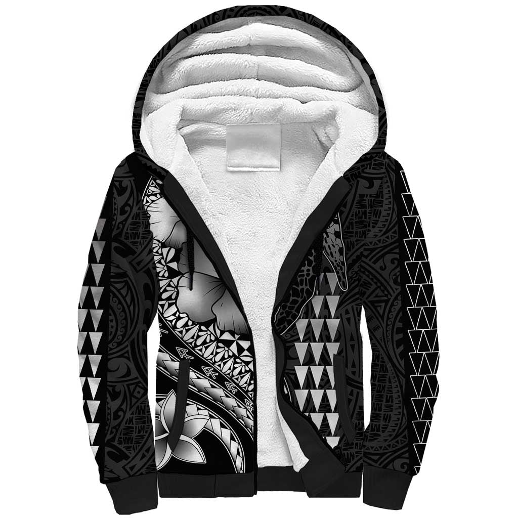 Hawaiian Sea Turtle Sherpa Hoodie Black Hibiscus Flowers and Kakau Pattern LT9 Unisex Black - Polynesian Pride