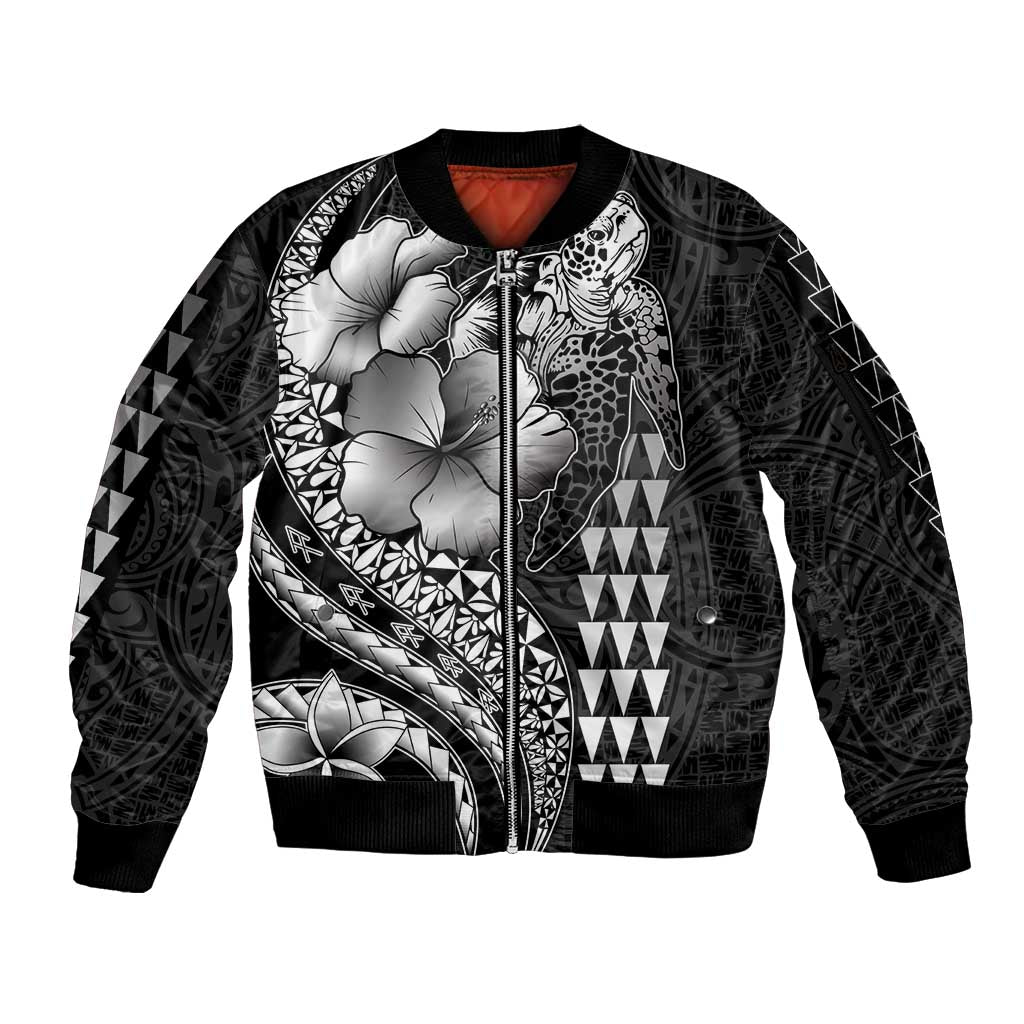 Hawaiian Sea Turtle Sleeve Zip Bomber Jacket Black Hibiscus Flowers and Kakau Pattern LT9 Unisex Black - Polynesian Pride