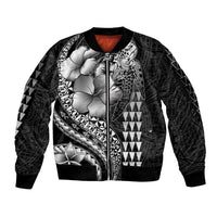 Hawaiian Sea Turtle Sleeve Zip Bomber Jacket Black Hibiscus Flowers and Kakau Pattern LT9 Unisex Black - Polynesian Pride