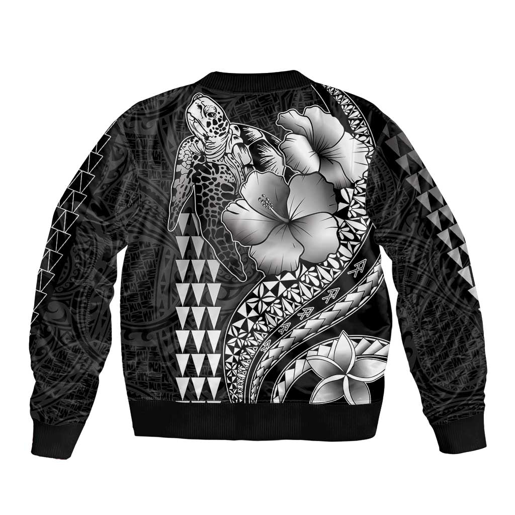 Hawaiian Sea Turtle Sleeve Zip Bomber Jacket Black Hibiscus Flowers and Kakau Pattern LT9 - Polynesian Pride