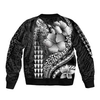 Hawaiian Sea Turtle Sleeve Zip Bomber Jacket Black Hibiscus Flowers and Kakau Pattern LT9 - Polynesian Pride