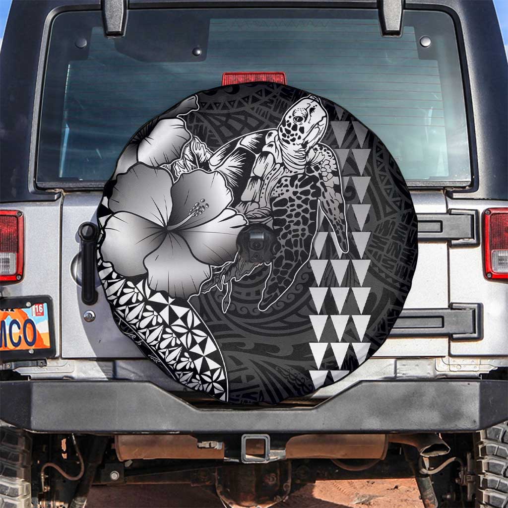 Hawaiian Sea Turtle Spare Tire Cover Black Hibiscus Flowers and Kakau Pattern