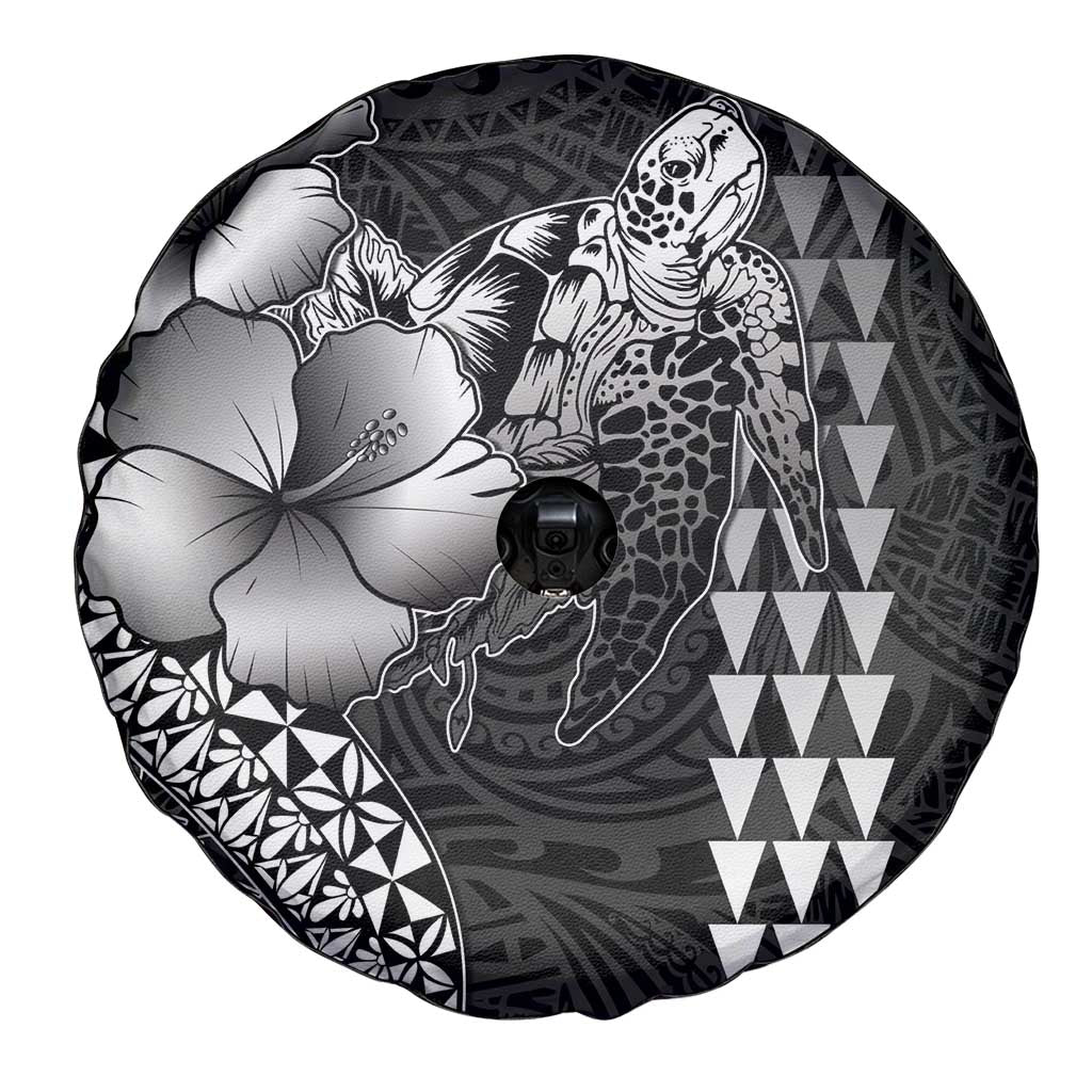 Hawaiian Sea Turtle Spare Tire Cover Black Hibiscus Flowers and Kakau Pattern LT9 - Polynesian Pride