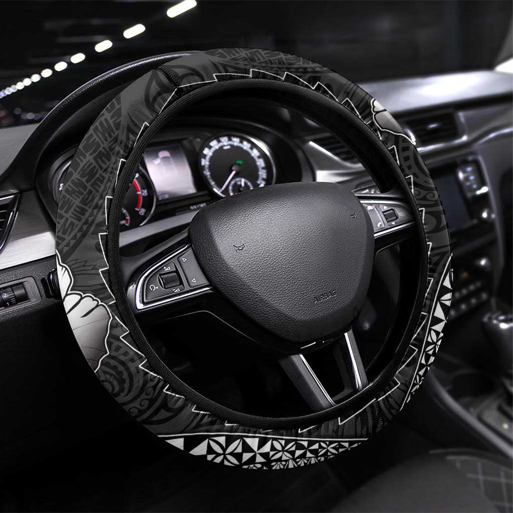 Hawaiian Sea Turtle Steering Wheel Cover Black Hibiscus Flowers and Kakau Pattern LT9 Universal Fit Black - Polynesian Pride