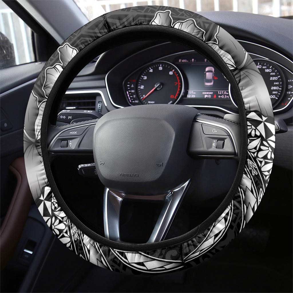 Hawaiian Sea Turtle Steering Wheel Cover Black Hibiscus Flowers and Kakau Pattern LT9 - Polynesian Pride