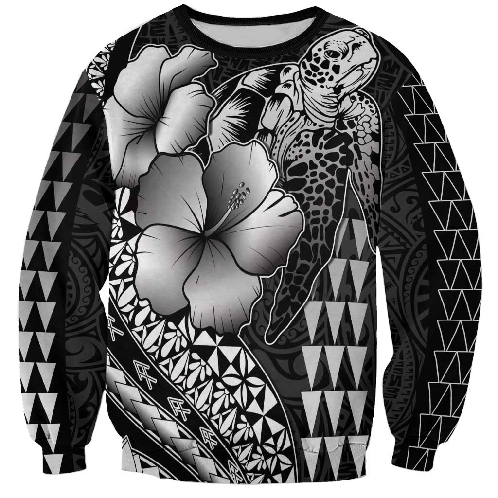 Hawaiian Sea Turtle Sweatshirt Black Hibiscus Flowers and Kakau Pattern LT9 Unisex Black - Polynesian Pride