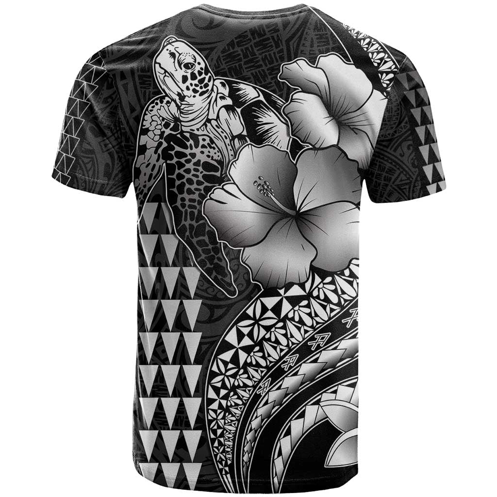 Hawaiian Sea Turtle T Shirt Black Hibiscus Flowers and Kakau Pattern LT9 - Polynesian Pride