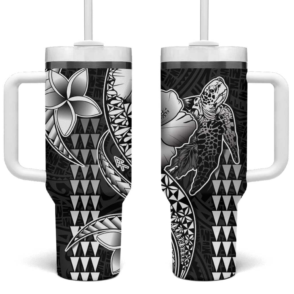 Hawaiian Sea Turtle Tumbler With Handle Black Hibiscus Flowers and Kakau Pattern LT9 One Size: 40 oz Black - Polynesian Pride