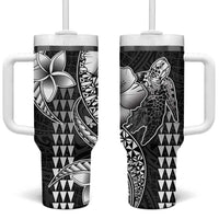 Hawaiian Sea Turtle Tumbler With Handle Black Hibiscus Flowers and Kakau Pattern LT9 One Size: 40 oz Black - Polynesian Pride