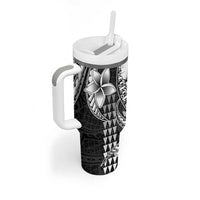 Hawaiian Sea Turtle Tumbler With Handle Black Hibiscus Flowers and Kakau Pattern LT9 - Polynesian Pride