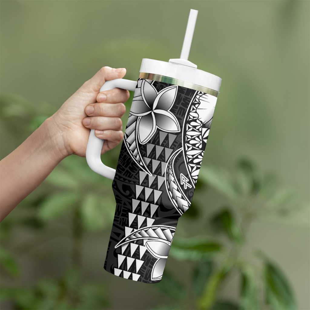 Hawaiian Sea Turtle Tumbler With Handle Black Hibiscus Flowers and Kakau Pattern LT9 - Polynesian Pride