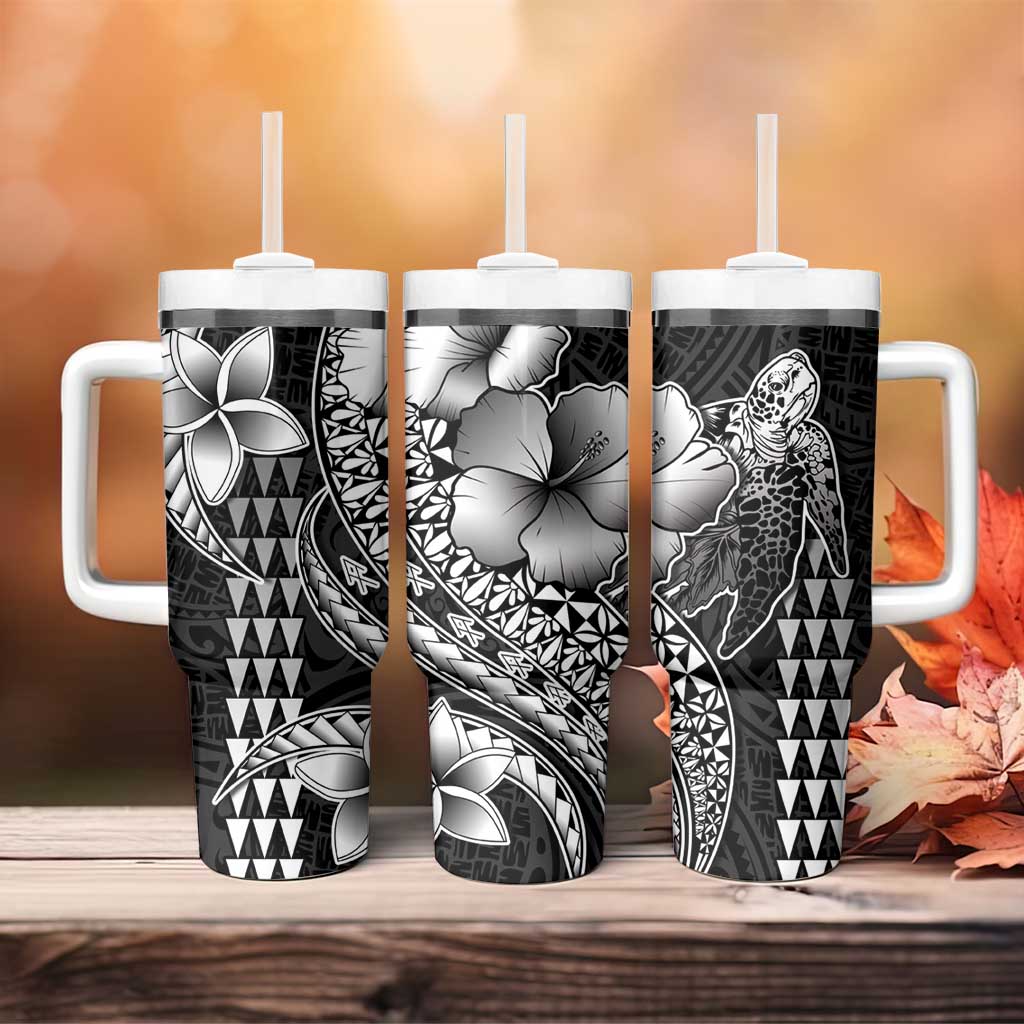 Hawaiian Sea Turtle Tumbler With Handle Black Hibiscus Flowers and Kakau Pattern LT9 - Polynesian Pride
