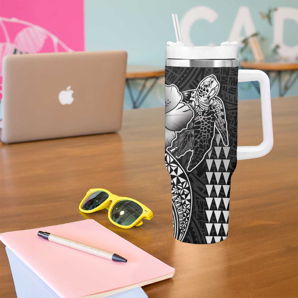 Hawaiian Sea Turtle Tumbler With Handle Black Hibiscus Flowers and Kakau Pattern LT9 - Polynesian Pride