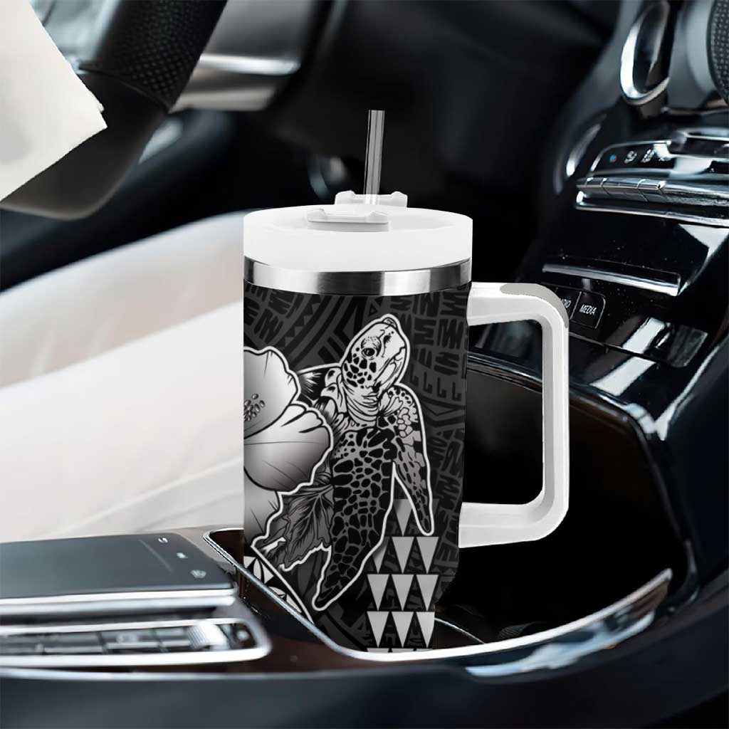 Hawaiian Sea Turtle Tumbler With Handle Black Hibiscus Flowers and Kakau Pattern LT9 - Polynesian Pride