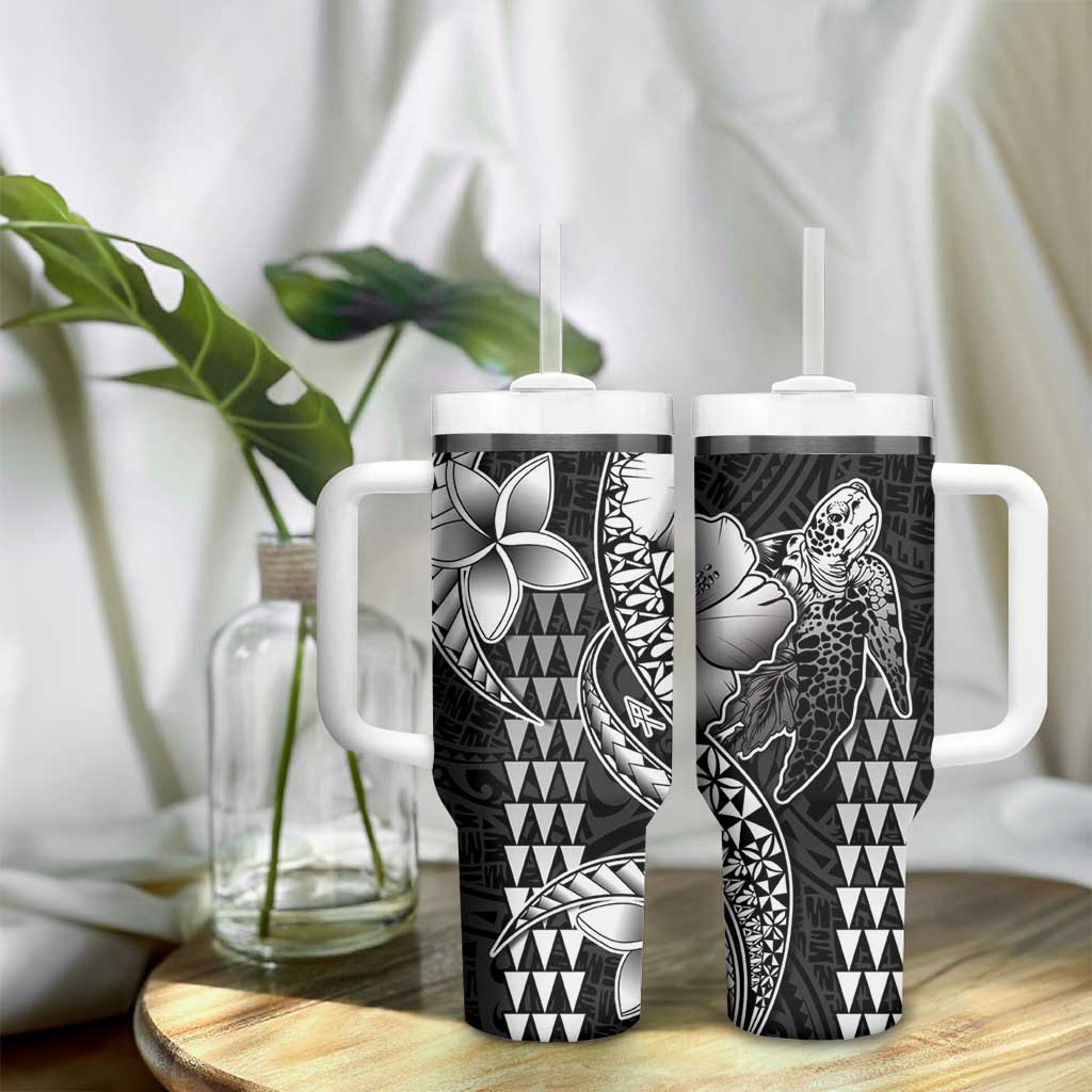 Hawaiian Sea Turtle Tumbler With Handle Black Hibiscus Flowers and Kakau Pattern LT9 - Polynesian Pride