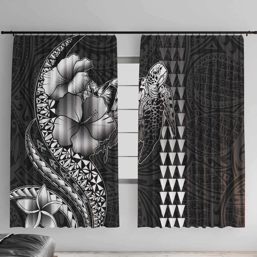Hawaiian Sea Turtle Window Curtain Black Hibiscus Flowers and Kakau Pattern LT9 With Hooks Black - Polynesian Pride