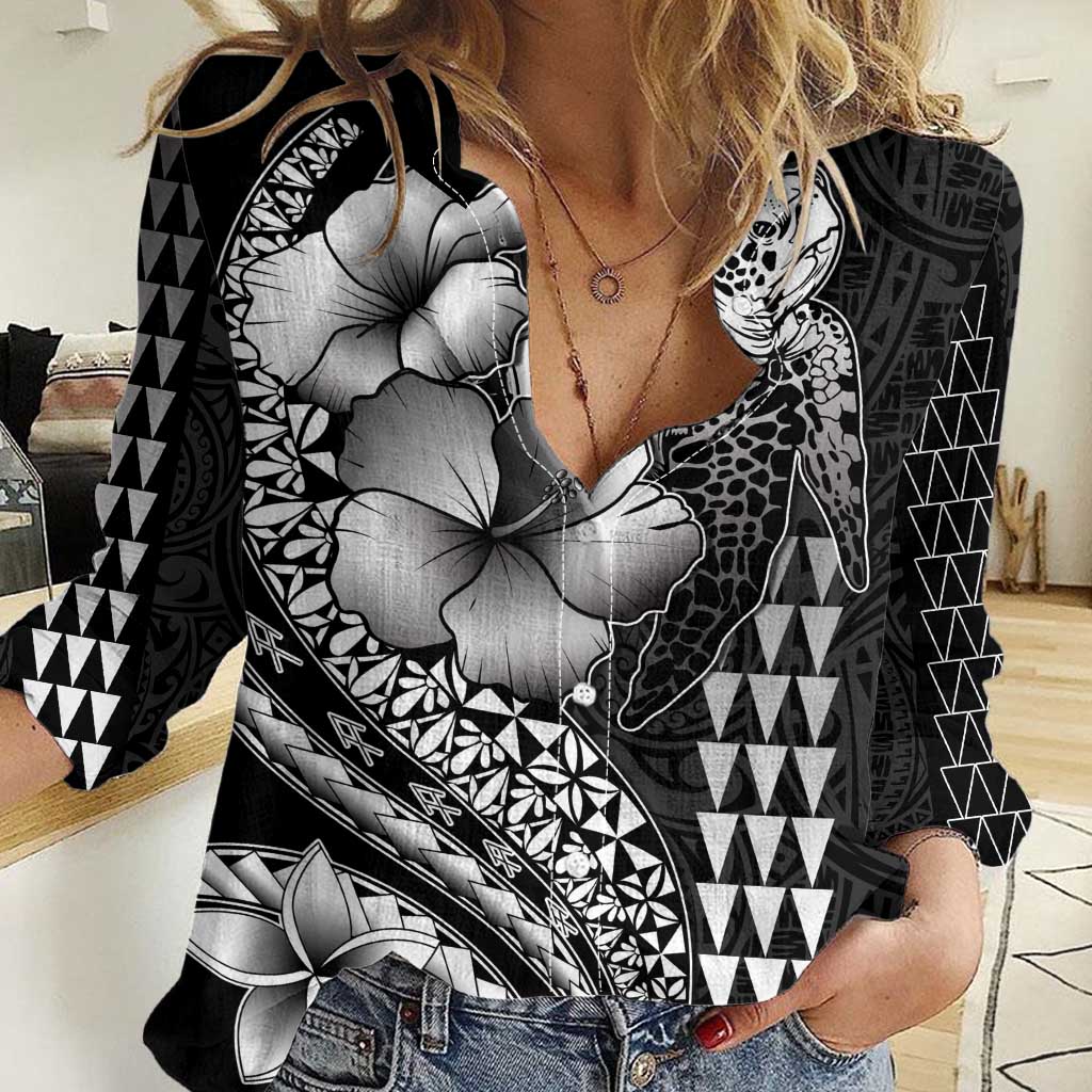 Hawaiian Sea Turtle Women Casual Shirt Black Hibiscus Flowers and Kakau Pattern LT9 Female Black - Polynesian Pride