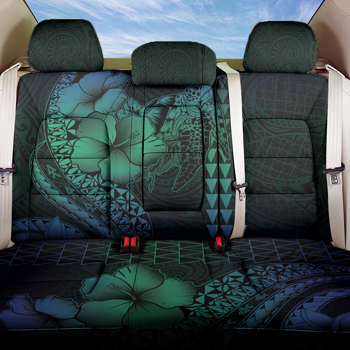 Hawaiian Sea Turtle Back Car Seat Cover Blue Hibiscus Flowers and Kakau Pattern LT9 One Size Blue - Polynesian Pride