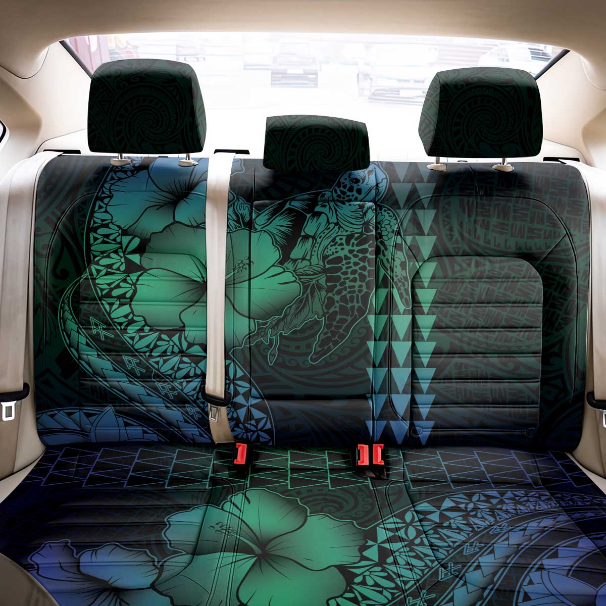 Hawaiian Sea Turtle Back Car Seat Cover Blue Hibiscus Flowers and Kakau Pattern LT9 - Polynesian Pride