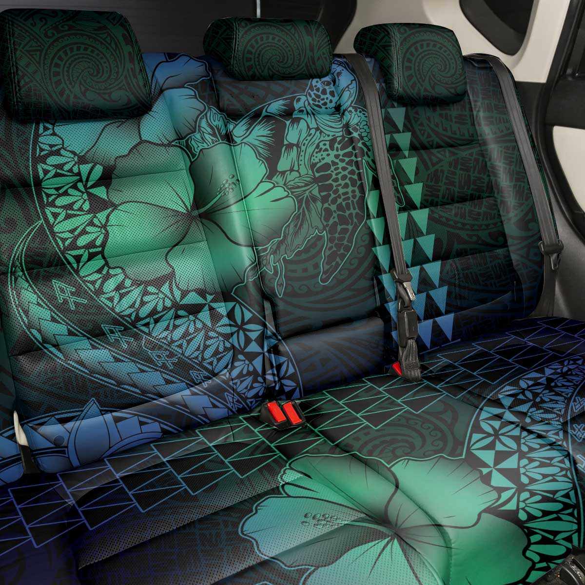 Hawaiian Sea Turtle Back Car Seat Cover Blue Hibiscus Flowers and Kakau Pattern LT9 - Polynesian Pride